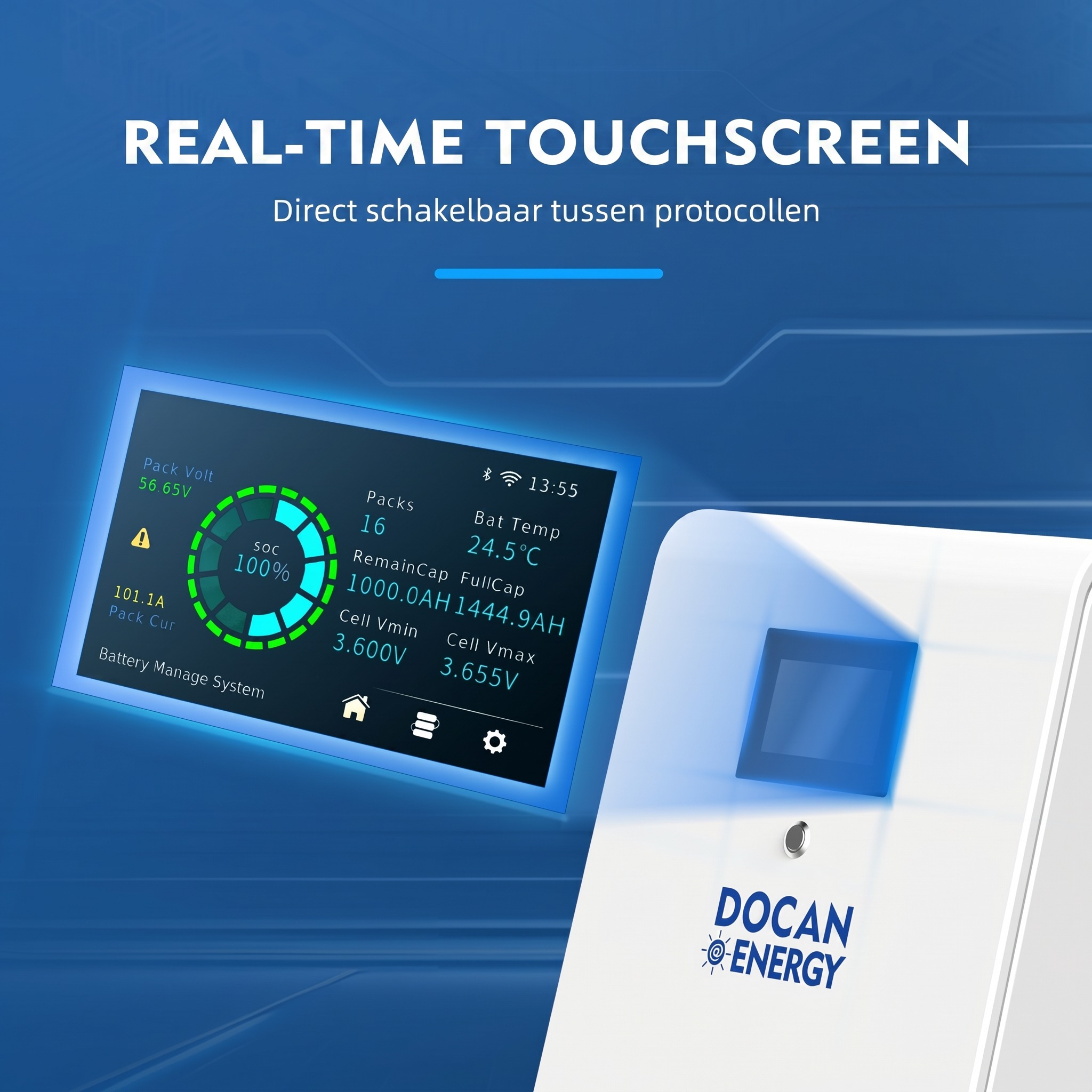 Real-time touchscreen met pack-spanning, SOC en celspanningen