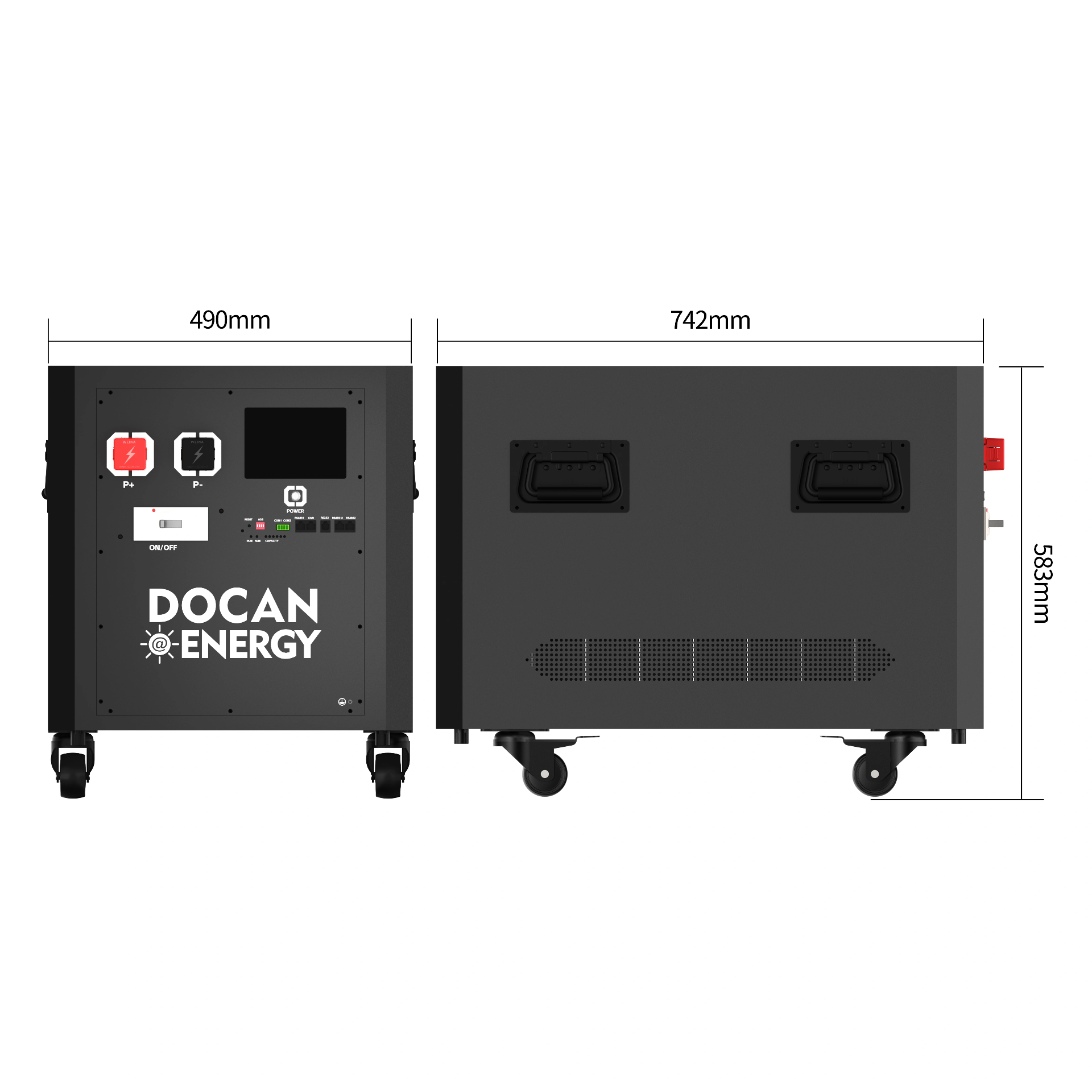 Docan MB56 32 kWh — afmetingen 742 × 490 × 583 mm