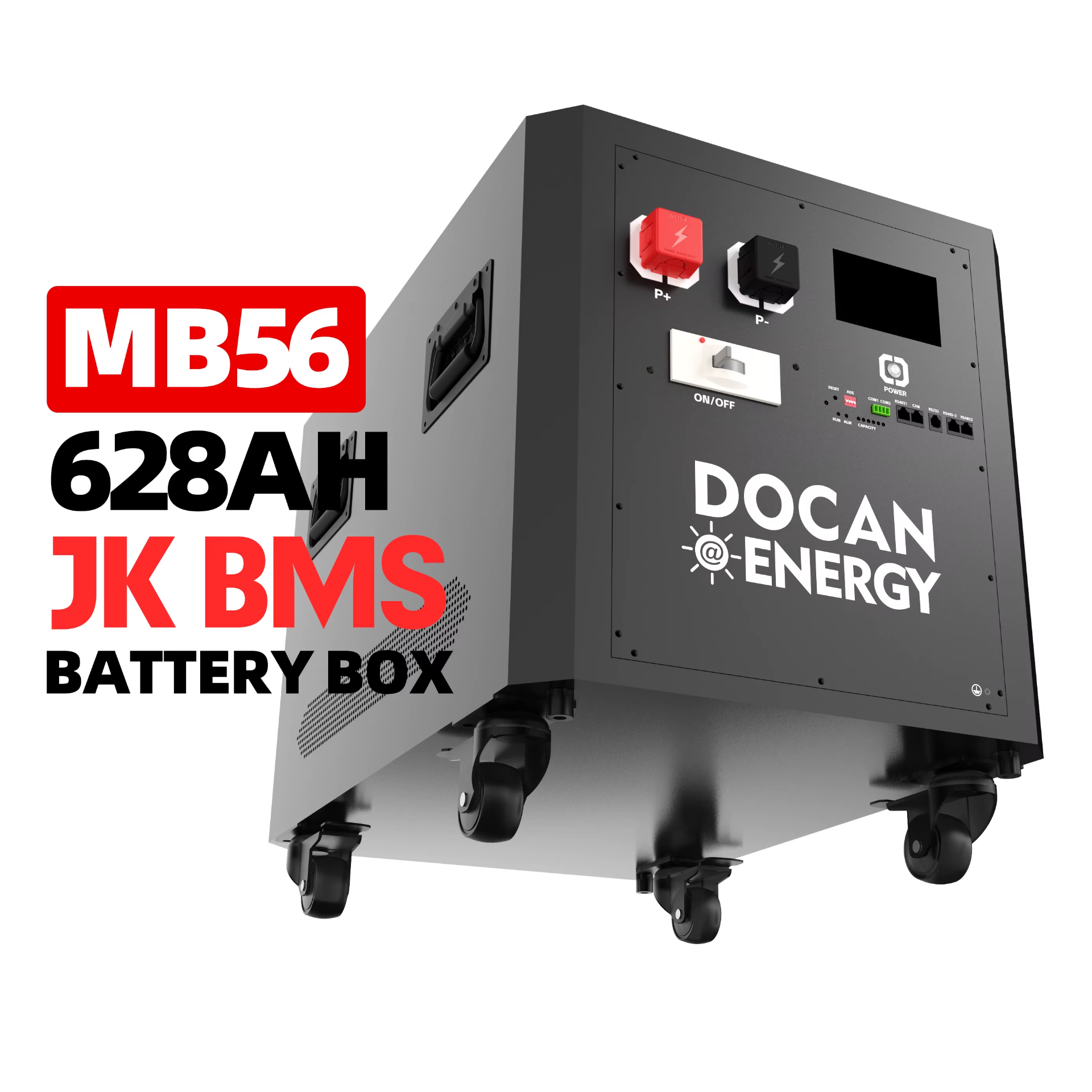 Docan MB56 32 kWh — perspectief, JK BMS battery box met handgrepen en zwenkwielen